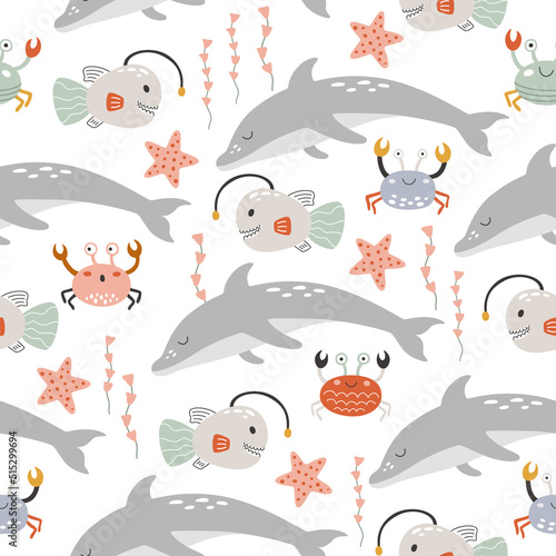 Marine seamless pattern with underwater animals. Repeating wild fish print for kids apparel