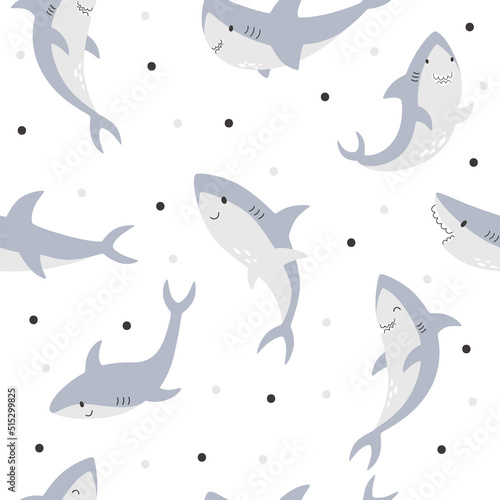 Cute playful vector sharks on a seamless childish pattern. Vector fish animal in the background