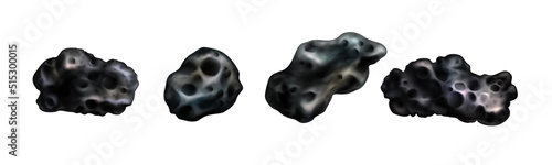 Stone asteroids realistic vector illustration. Meteor or space boulder or rock with craters isolated icon set on white background, various form
