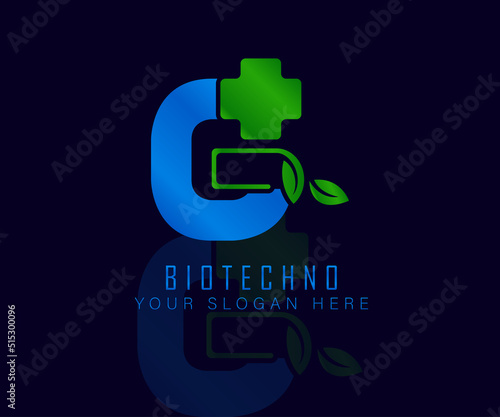 Biotech logo with herbal leaf letter G. Herbal logo vecktor template. medical herbal logo.