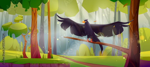 Black eagle, falcon or hawk sit on tree branch over summer forest landscape with green trees, bushes and grass. Wild bird on beautiful nature background, fairy tale scene, Cartoon vector illustration
