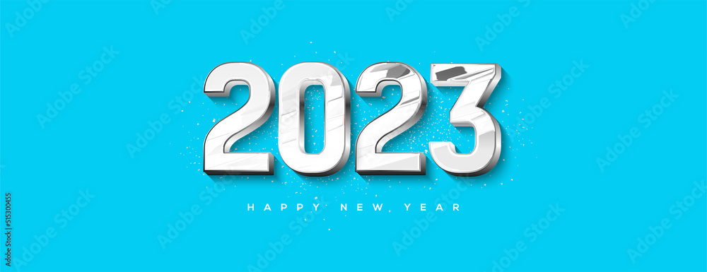 Happy New Year 2023 with white numbers in the blue background