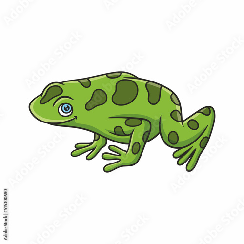 cartoon illustration the frog is on a leaf of a leafy tree and high in the middle of the forest and looks up to catch its prey
