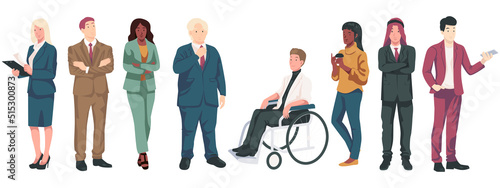 Diverse groups of multinational company business people, entrepreneurs, workers and expatriates isolated on white background. men, women, young and old standing. Flat design vector illustration.