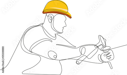 Close up of young Caucasian worker with helmet on head using tablet for work while standing in warehouse. Vector illustration