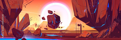 Space, alien planet landscape with flying rocks and plasma in cracks. Extraterrestrial panoramic view with mountains under on dusk starry sky, 2d game cosmic background, Cartoon vector illustration