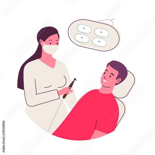 Dentistry. Dentist treats patient's tooth. Tooth treatment. Orthodontist. Vector flat illustration