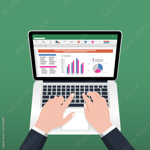 Spreadsheet on Laptop screen. Financial accounting report concept. office things for planning and accounting, analysis, audit, project management, marketing, research vector illustration.