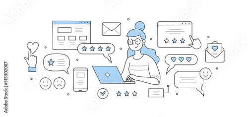 Customer review and rating doodle concept. Female user sit at laptop giving online feedback for services in internet. Client positive or negative experience, ranking stars, Linear vector illustration