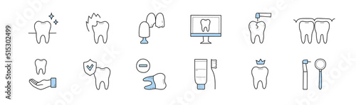 Dentistry and stomatology doodle icons set. Vector linear signs, dental care and medicine Teeth, veneers, paste and toothbrush, desktop with tooth, stomatological tools, caries treatment, oral health