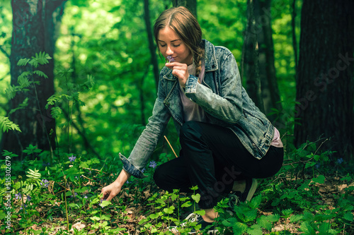 a young beautiful woman tourist in casual clothes walks through the green forest in the warm season and admires the blue small forest flowers. Leisure of active young people in nature, hiking