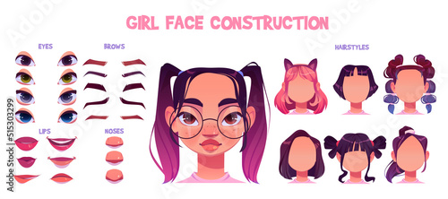 Girl face construction, child avatar creation with head parts isolated on white background. Vector cartoon set of asian kid face generator with eyes and glasses, noses, hairstyles, brows and lips