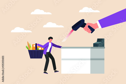 Customer brings goods basket  and ready to scan by cashier hand. Shopping mall concept. Colored flat vector illustration isolated.