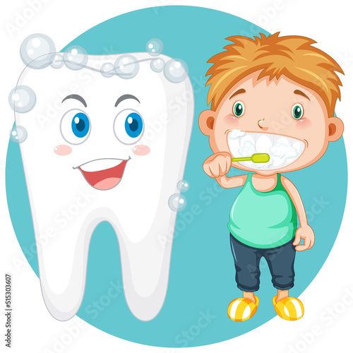 Boy brushing teeth next to healthy teeth