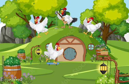 Hobbit house with chicken family