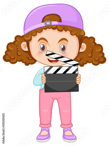 Cute girl cartoon character with curly pigtail hair holding film slate