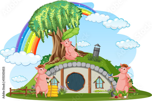 Pig at hobbit house on white background