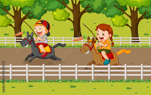 Happy children riding horses