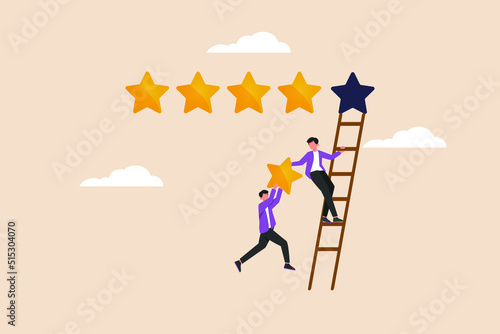 Businessman and his friend holding 5th star climb up ladder to put on best rating. Product Rating Concept. Flat vector illustration isolated.  photo