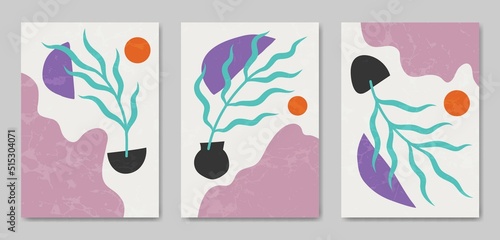 Abstract Contemporary mid century modern Floral leaves boho poster cover template.Minimal and natural compositions for postcard, cover, wallpaper, wall art, home decor