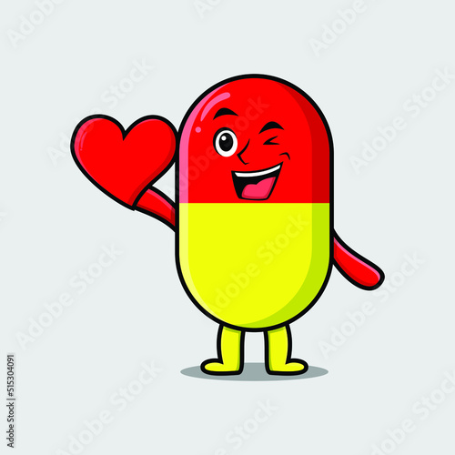 Cute cartoon capsule medicine character holding big red heart in modern style design 