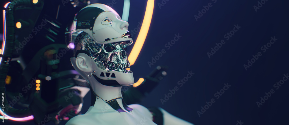 Artificial Intelligence template a Fembot Cybernetic organism futuristic concept design with copyspace