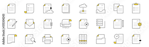 Set of doodle icons work with documents, archive storage. Isolated vector linear signs upload to the cloud, download, online transfer, printing paper, files and folders with pen, gear, clock, envelope