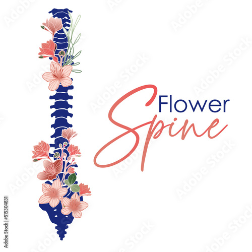 Tattoo style. Floral spine. Illustration of skeleton isolated on white background.