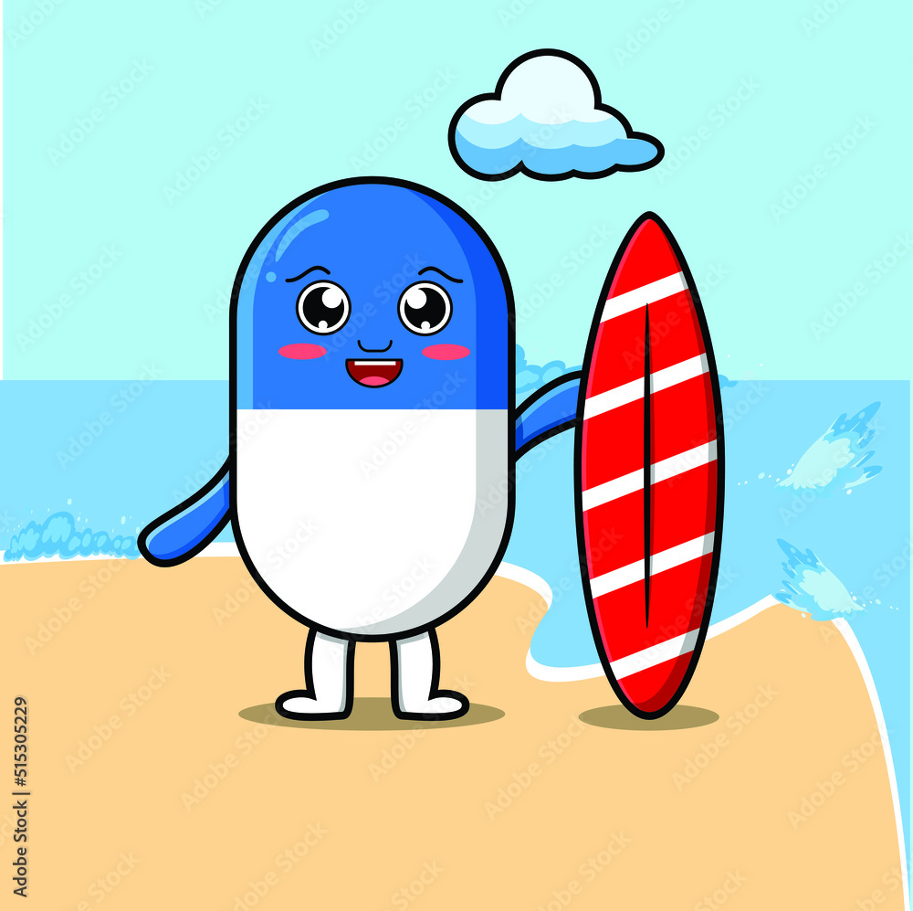 Cute cartoon capsule medicine character playing surfing with surfing board in flat cartoon style illustration Cute cartoon capsule medicine character playing surfing with surfing board in flat cartoon style illustration