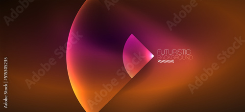 Shiny neon geometric abstract background. Glowing lights on round shapes, triangles and circles. Wallpaper for concept of AI technology, blockchain, communication, 5G, science, business