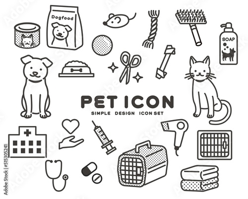 シンプルでかわいい犬や猫とおもちゃや動物病院などのアイコンセットのベクターイラスト素材／ペット／トリミング／病院