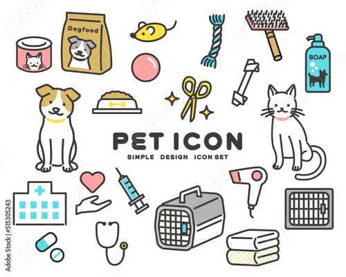 シンプルでかわいい犬や猫とおもちゃや動物病院などのアイコンセットのベクターイラスト素材／ペット／トリミング／病院