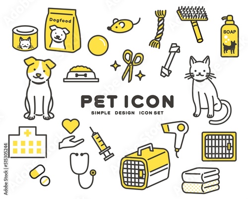 シンプルでかわいい犬や猫とおもちゃや動物病院などのアイコンセットのベクターイラスト素材／ペット／トリミング／病院