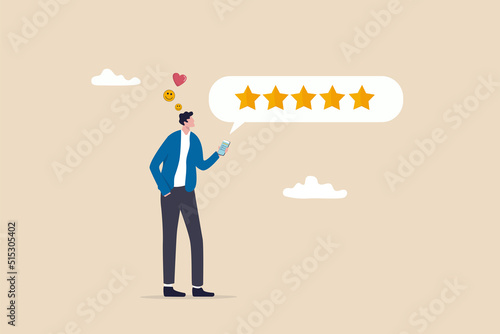 Customer feedback from mobile application, rating or user experience, scoring and satisfaction, product quality and online survey concept, satisfied man holding mobile giving 5 stars rating feedback.