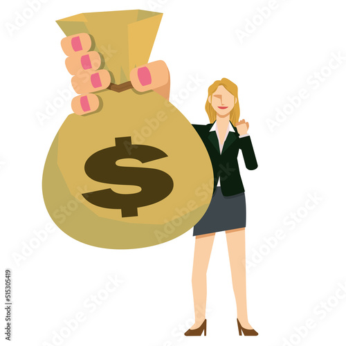 大きなお金の袋を持つ白人女性ビジネスマンユーロの袋　ビジネス、金融のイメージ　大金持ち　FIRE, Financial Independence