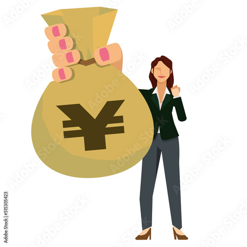 大きなお金の袋を持つアジア女性ビジネスマンユーロの袋　ビジネス、金融のイメージ　大金持ち　FIRE, Financial Independence