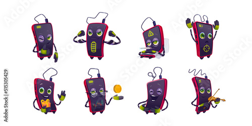 Cartoon mobile phone character set. Cute smartphone in different poses. Chat bot personage, funny cellphone mascot with gift box, sick, satisfied with thumb up and show muscles, Vector illustration