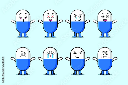 Set kawaii capsule medicine cartoon character with different expressions of cartoon face vector illustrations