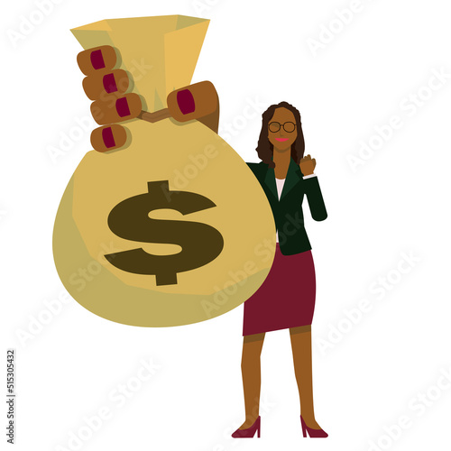 大きなお金の袋を持つ黒人女性ビジネスマンユーロの袋　ビジネス、金融のイメージ　大金持ち　FIRE, Financial Independence
