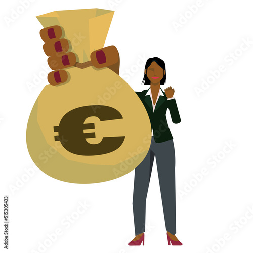 大きなお金の袋を持つ黒人女性ビジネスマンユーロの袋　ビジネス、金融のイメージ　大金持ち　FIRE, Financial Independence