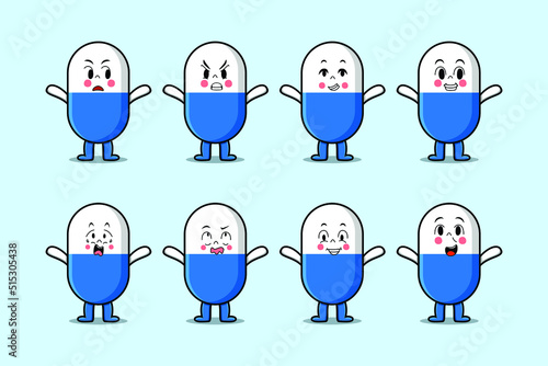 Set kawaii capsule medicine cartoon character with different expressions of cartoon face vector illustrations