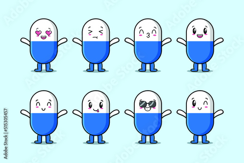 Set kawaii capsule medicine cartoon character with different expressions of cartoon face vector illustrations