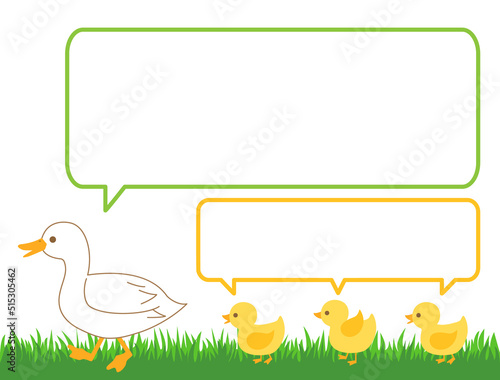 アヒルの親子がお散歩をしているイラスト　吹き出し付き