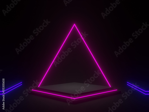 3D rendered black geometric podium with blue and purple neon lights.