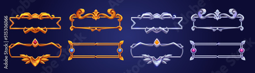 Silver and golden vintage game frames, ui medieval borders of gold or steel metal with gems. Cartoon empty metallic bordering with gemstones, isolated design gui elements, Vector illustration, set