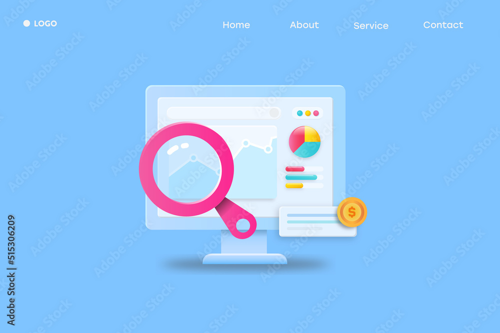 SEO data, business analytics, financial report displaying on computer screen, 3d concept illustration, digital software dashboard. SEO data, business analytics, financial report displaying on computer screen, 3d concept illustration, digital software dashboard.