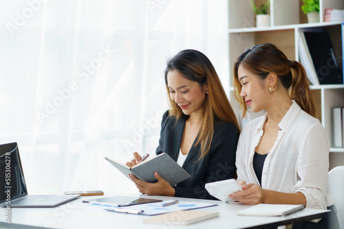 Two Asian business women discuss working together in the office.