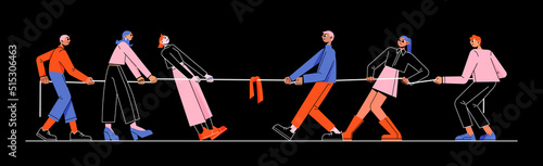 People pull rope in tug of war competition. Concept business teamwork, cooperation, solution conflicts. Vector flat illustration of two teams play pulling rope game isolated on black background