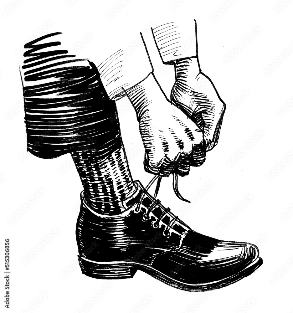 Hands tying shoe laces. Ink black and white drawing Stock Illustration