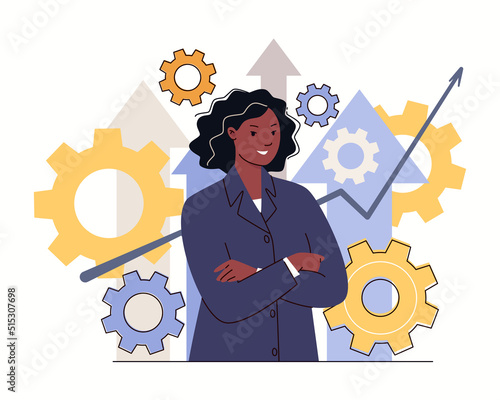 Business growth and development. Businesswoman stands against background of ascending arrows and growing graph. Metaphor for career success. Vector character flat cartoon illustration.